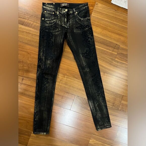 Roberto Cavalli black and gold flocked jean size 38 (US4) - Picture 1 of 11